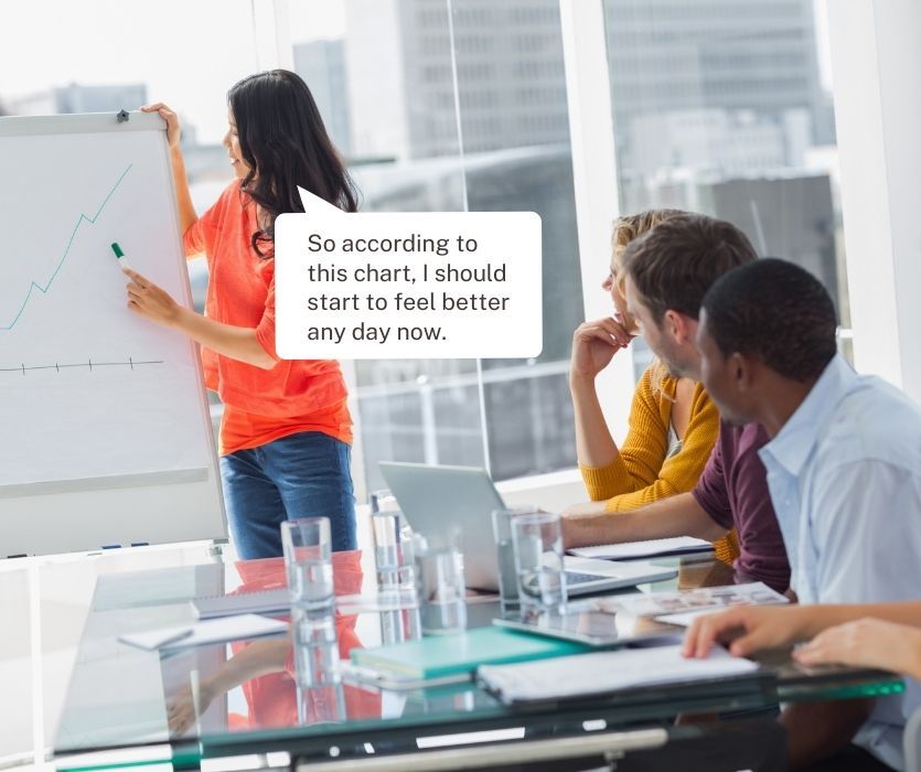 woman 11 weeks pregnant in an office saying, "so according to the chart, I should start to feel better any day now"