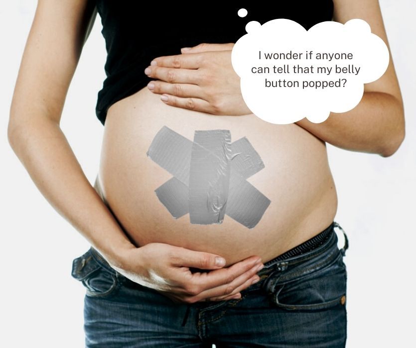 pregnant woman with duct tape covering her belly button
