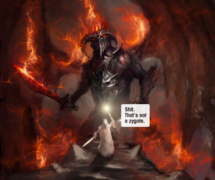 gandalf saying "shit that's not a zygote" while fighting a balrog in lord of the rings