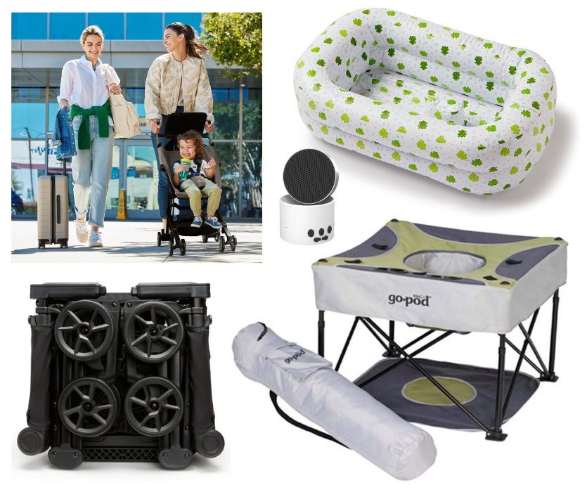 travel stroller, inflatable baby bathtub, travel activity center and compact sound machine