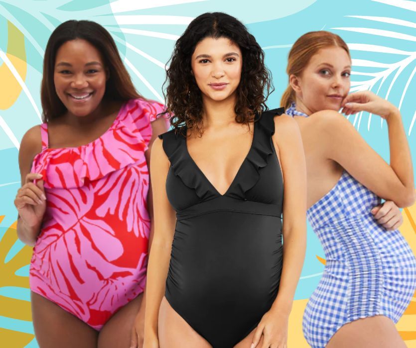 Three pregnant women all wearing maternity swimwear