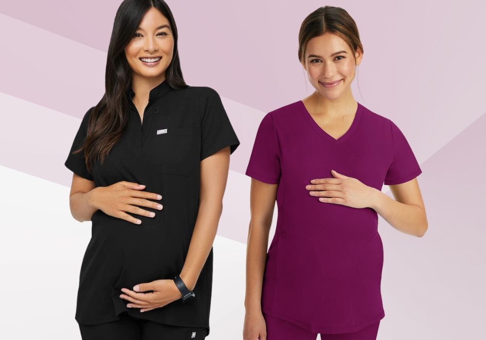 two pregnant women wearing maternity scrubs