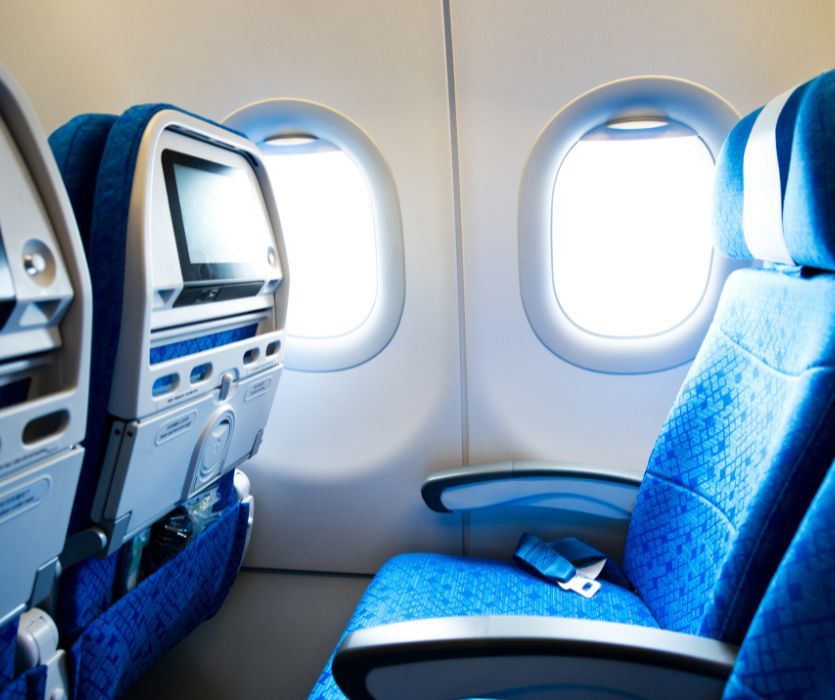 blue seats on an airplane