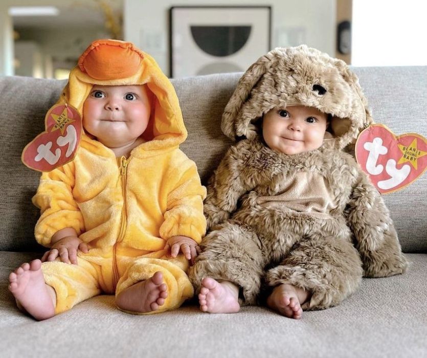 two adorable babies dressed in DIY beanie baby costumes for halloween