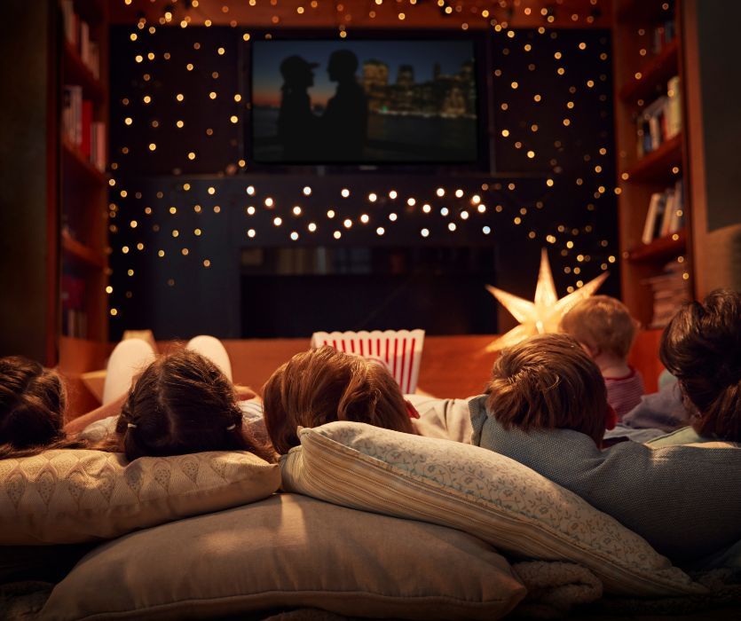 kids lying on pillows watching christmas movies