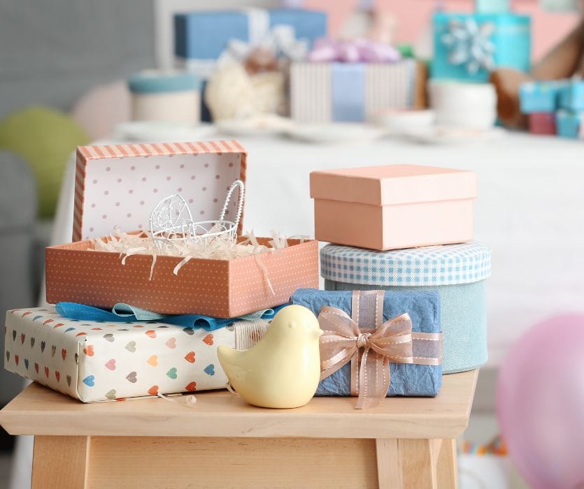 Thoughtful Baby Gifts on a Budget wrapped at a baby shower