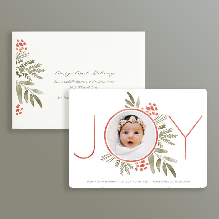 Birth Announcement Holiday Card with matching envelope